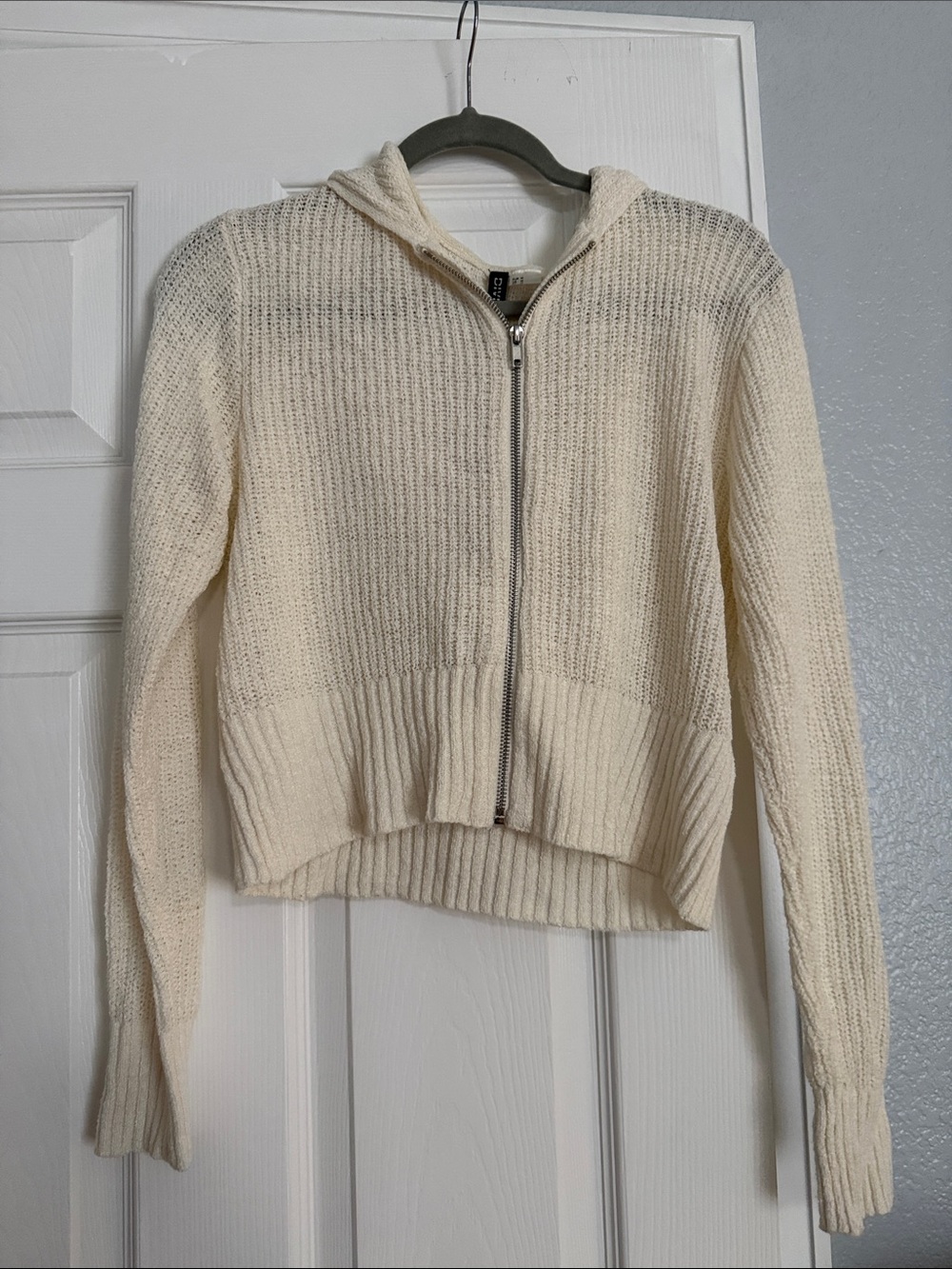 H&M Cream Zip-Front Hooded Knit Sweater